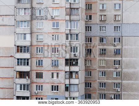 Fragment Of The Facade Of One Of The Serial High-rise Apartment Buildings In Russia, Ukraine.