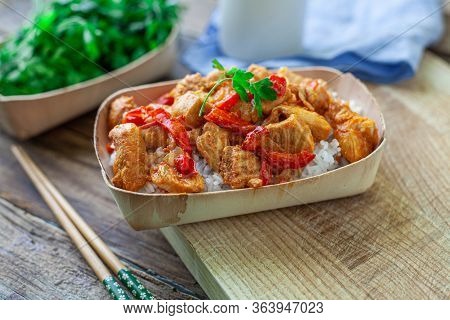 Chicken Chili Curry With Basmati Rice On Bambu Bowl