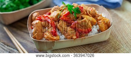 Chicken Chili Curry With Basmati Rice On Bambu Bowl