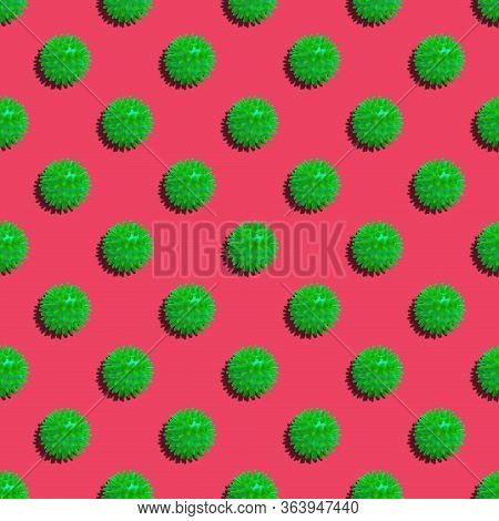 Abstract Virus Seamless Pattern On A Red Background. Close Up.