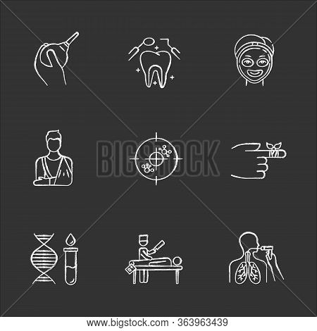 Medical Procedure Chalk Icons Set. Lavement. Healthcare. Orthopedic Cast. Immunotherapy. Dental Care