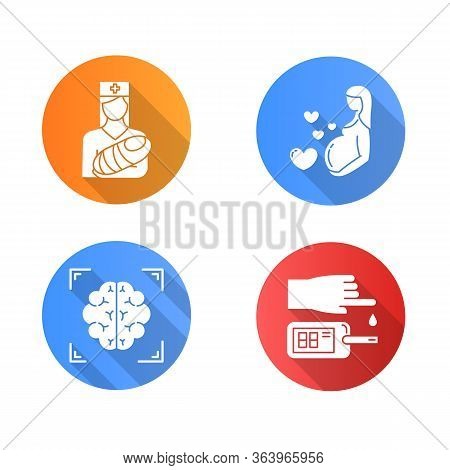 Medical Procedure Flat Design Long Shadow Glyph Icons Set. Pediatrics, Pregnancy. Brain Scan. Blood 