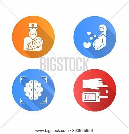 Medical Procedure Flat Design Long Shadow Glyph Icons Set. Pediatrics, Pregnancy. Brain Scan. Blood 