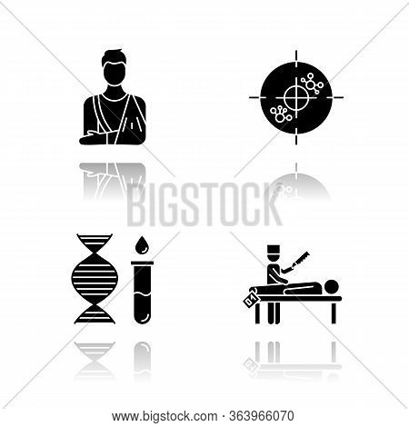 Medical Procedure Drop Shadow Black Glyph Icons Set. Orthopedic Cast. Fractured Bone. Immunotherapy.
