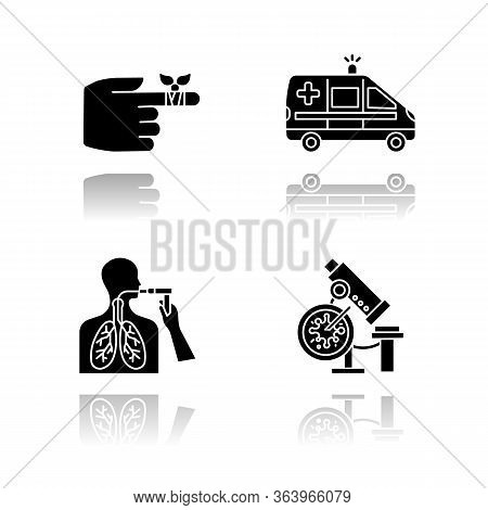 Medical Procedure Drop Shadow Black Glyph Icons Set. Bandaging Hurt Finger. Emergency Care. Ambulanc