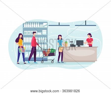People Shopping At Supermarket And Buying Product. People Line Up At The Cashier, Grocery Shopping C