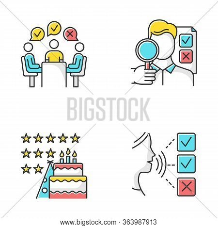 Survey Methods Color Icons Set. Group Administered Questionnaire. High Rating. Testimonial. Public O