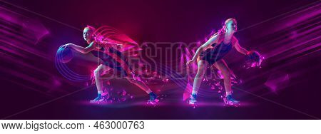 Creative Artwork With Young Female Basketball Players Playing Basketball Isolated On Dark Purple Bac