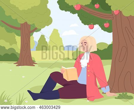 Cartoon Newton Character Sitting Under Apple Tree. Ancient Inventor In Vintage Clothes Reading Book 