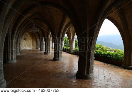 Gorgeous Colonnade At Villa Cimbrone In Ravello, Italy. High Quality Photo