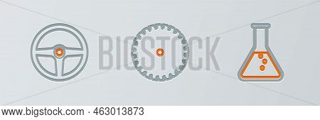 Set Line Test Tube And Flask, Steering Wheel And Circular Saw Blade Icon. Vector
