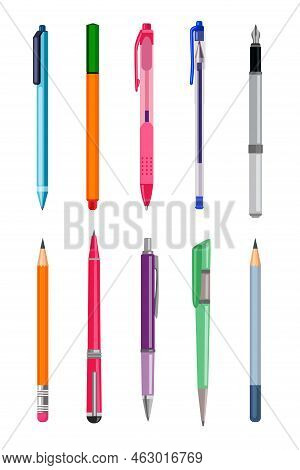 Pen And Pencils Cartoon Illustration Set. Colorful Writing Materials For Writing And Drawing. Clipar