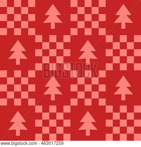 Ccute Y2k Patchwork Christmas Seamless Pattern Background With Xmas Tree Icon, Monochrome Red Checke