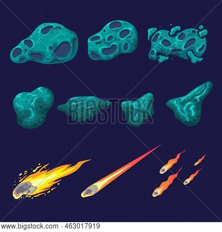 Falling Asteroids And Meteorites Set. Vector Illustrations Of Space Meteoroids With Light Effects. C