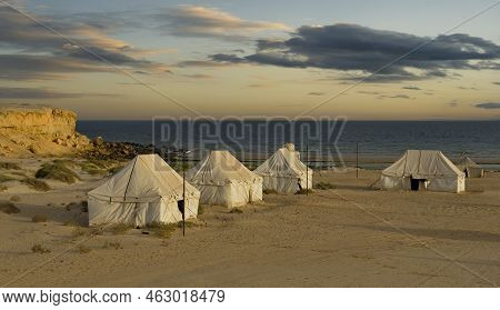 West Africa. Mauritania A Picturesque Twilight Evening At A Tent Campsite On The Atlantic Ocean In T