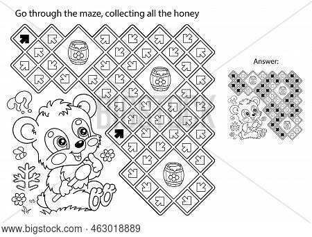 Maze Or Labyrinth Game. Puzzle. Coloring Page Outline Of Cartoon Little Bear Cub With Barrel Of Hone
