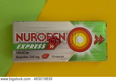October 6, 2022 Ukraine City Kyiv Packaging Of Nurofen Express Tablets On A Colored Background