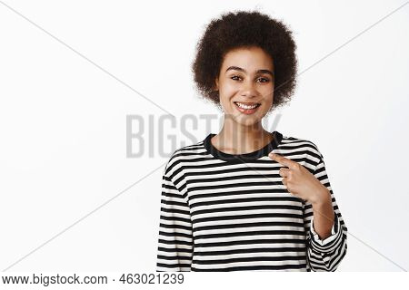 Close Up Portrait Of Black Girl Student Smiling, Pointing Finger At Herself, Self-promoting, Making 