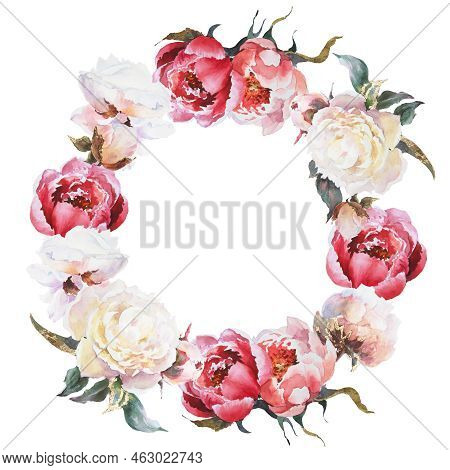 Wreath Of Peonies, Pink And White Flowers Peonies Watercolor, Floral Clip Art.