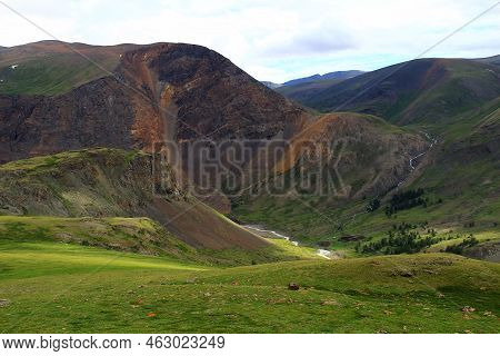 Beautiful Green Mountains With A River And A Valley At The Karagem Pass In Altai In Summer. Large Al
