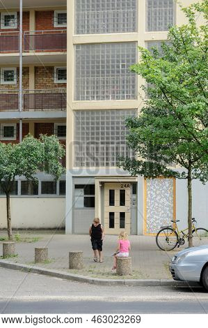 Strasbourg. France - Jun 27, 2015: Young Kids In Front Of French Apartment Building Next To Hlm Habi