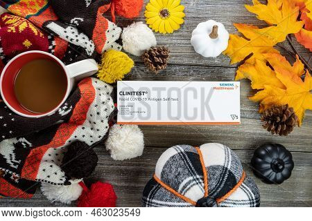 Fall Autumn Covid-19 Flatlay Concept, With An At-home Antigen Covid Test, Sunflowers, Pine Cones And