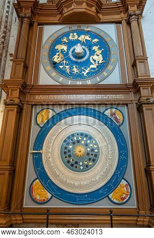 Germany, Lubeck - July 13, 2022: Marienkirche. Closeup Of 2-story Blue-golden Astronomical Clock Wit