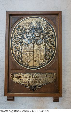 Germany, Lubeck - July 13, 2022: Marienkirche. Memorial Plaque For Herr Johan Henrich Dreijer With H