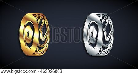 Gold And Silver Tree Rings Icon Isolated On Black Background. Wooden Cross Section. Long Shadow Styl