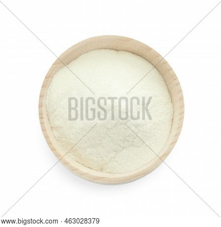 Wooden Bowl Of Agar-agar Powder Isolated On White, Closeup