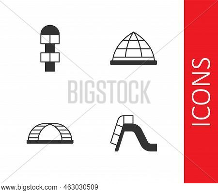 Set Slide Playground, Hopscotch, Monkey Bar And Playground Climbing Equipment Icon. Vector