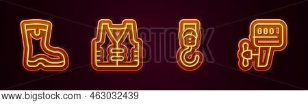 Set Line Fishing Boots, Jacket, Spring Scale And Outboard Boat Motor. Glowing Neon Icon. Vector
