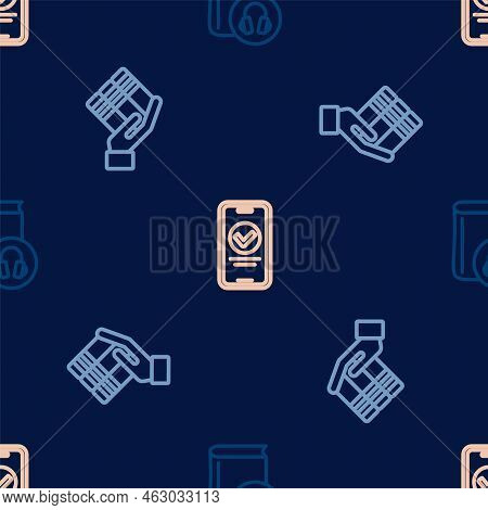 Set Line Audio Book, Book Donation And Online Quiz, Test, Survey On Seamless Pattern. Vector
