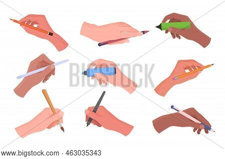 Hands Holding Writing And Drawing Tools Vector Illustrations Set. Right And Left Arms With School Su