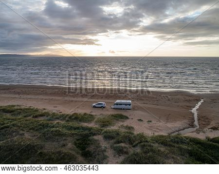 Caravan Campig Sunset Beautiful Landscape Beach Sand Dunes Near Melbystrand Laholm Sweden Coast Outd