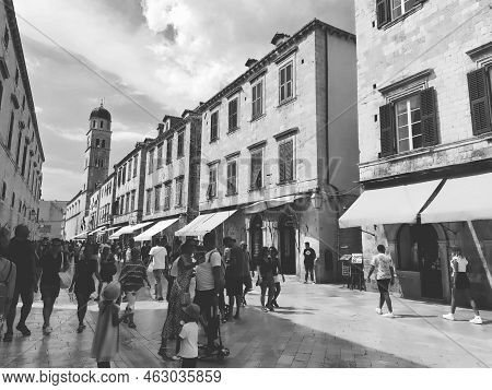 Stradun, Stradone Is The Main Street Of The Historic City Center Of Dubrovnik In Croatia. Architectu