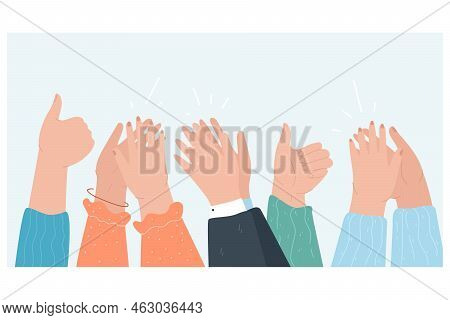 Arms Of People Showing Thumbs Up, Hands Applauding And Clapping. Applause, Respect And Appreciation 