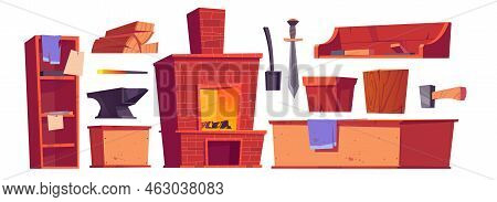 Forge Or Blacksmith Stuff And Furniture, Burning Oven, Sword, Anvil, Scoop And Hammer With Wood Logs