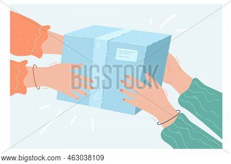 Hands Of Two Women Holding Gift Box Together. Female Friend Giving Surprise Package, Person Moving B