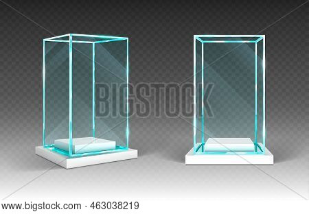 Glass Showcase, Display, Exhibit Stand, Transparent Box Front And Angle View On Wood Or Plastic Base