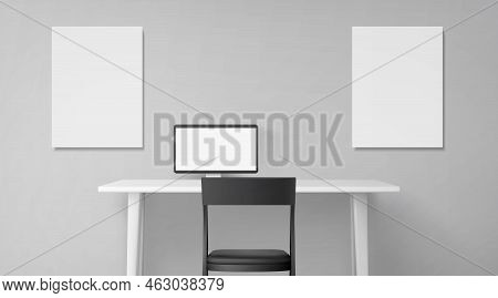 Room Interior, Workplace With Desk, Seat And Computer On Table. Empty Office Or Home Inner Design Mo