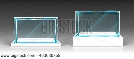 Glass Showcases, Display, Exhibit Stand, Transparent Boxes Front View On White Wood Or Plastic Base.