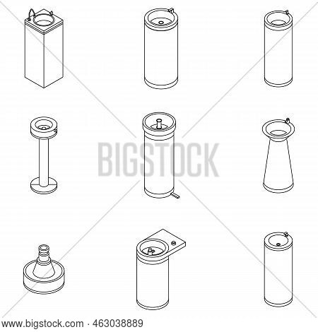 Drinking Fountain Icons Set. Isometric Set Of Drinking Fountain Vector Icons Outline Isolated On Whi