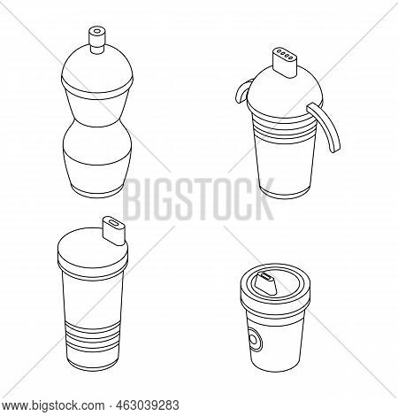 Sippy Cup Icons Set. Isometric Set Of Sippy Cup Vector Icons Outline Isolated On White Background