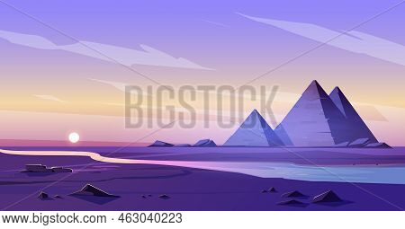 Egypt Pyramids And Nile River In Dusk Desert, Egyptian Pharaoh Tomb Complex In Giza Plateau Illumina