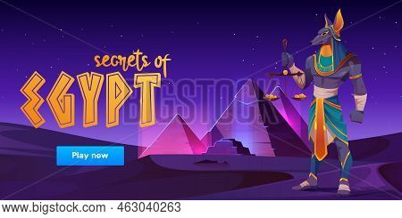 Game Banner About Secrets Of Egypt With Anubis And Pyramids On Desert Landscape. Vector Cartoon Back