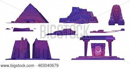 Ancient Egypt Landmarks, Pyramids, Pharaoh Temples, Sphinx And Mystic Portal With Scarab Sign. Vecto