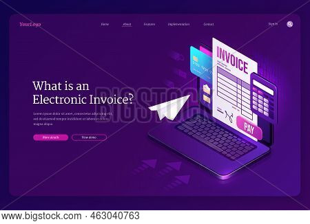 Electronic Invoice Isometric Landing Page. Bill For Service Payment, Bank Card And Calculator On Lap