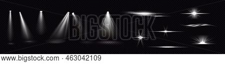 Light Beams From Spotlights And Flashes Isolated On Transparent Background. Vector Realistic Set Of 