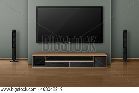 Home Theater With Tv Screen And Speakers In Modern Living Room. Vector Realistic Interior With Plasm